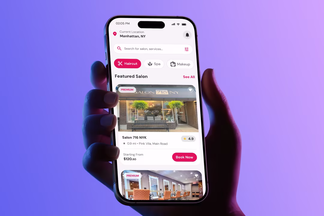 Oneshort Home Screen with Location, Search, Service Filters and Featured Salons