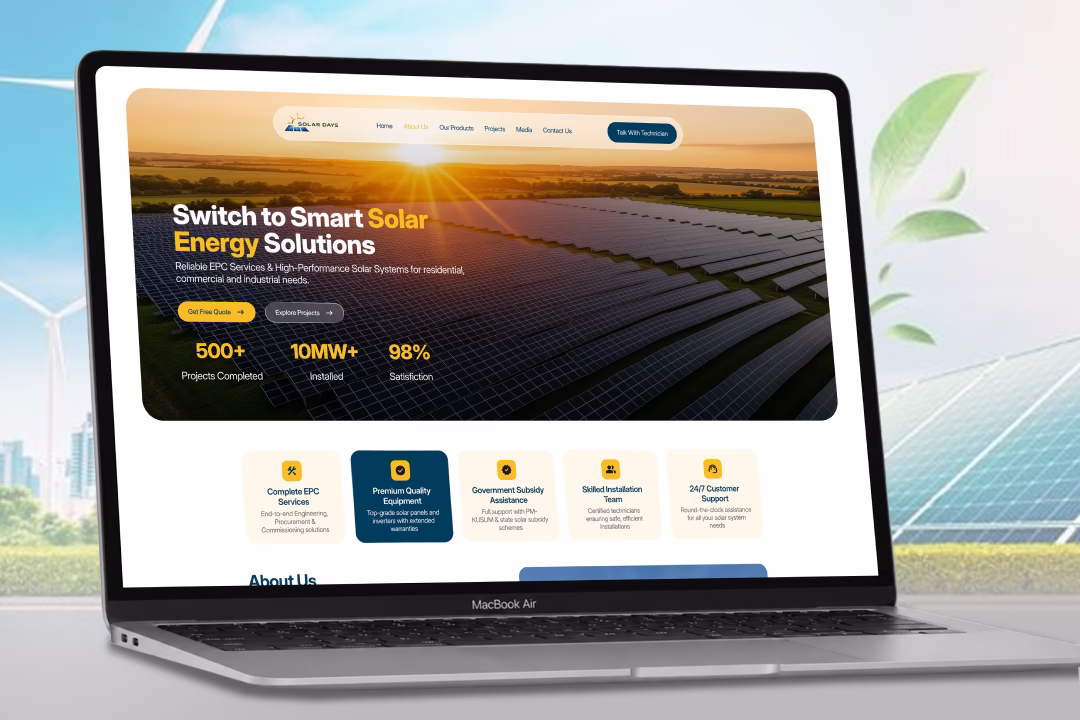 Solar Days Homepage Hero Section with Solar Field Background and Quick Stats